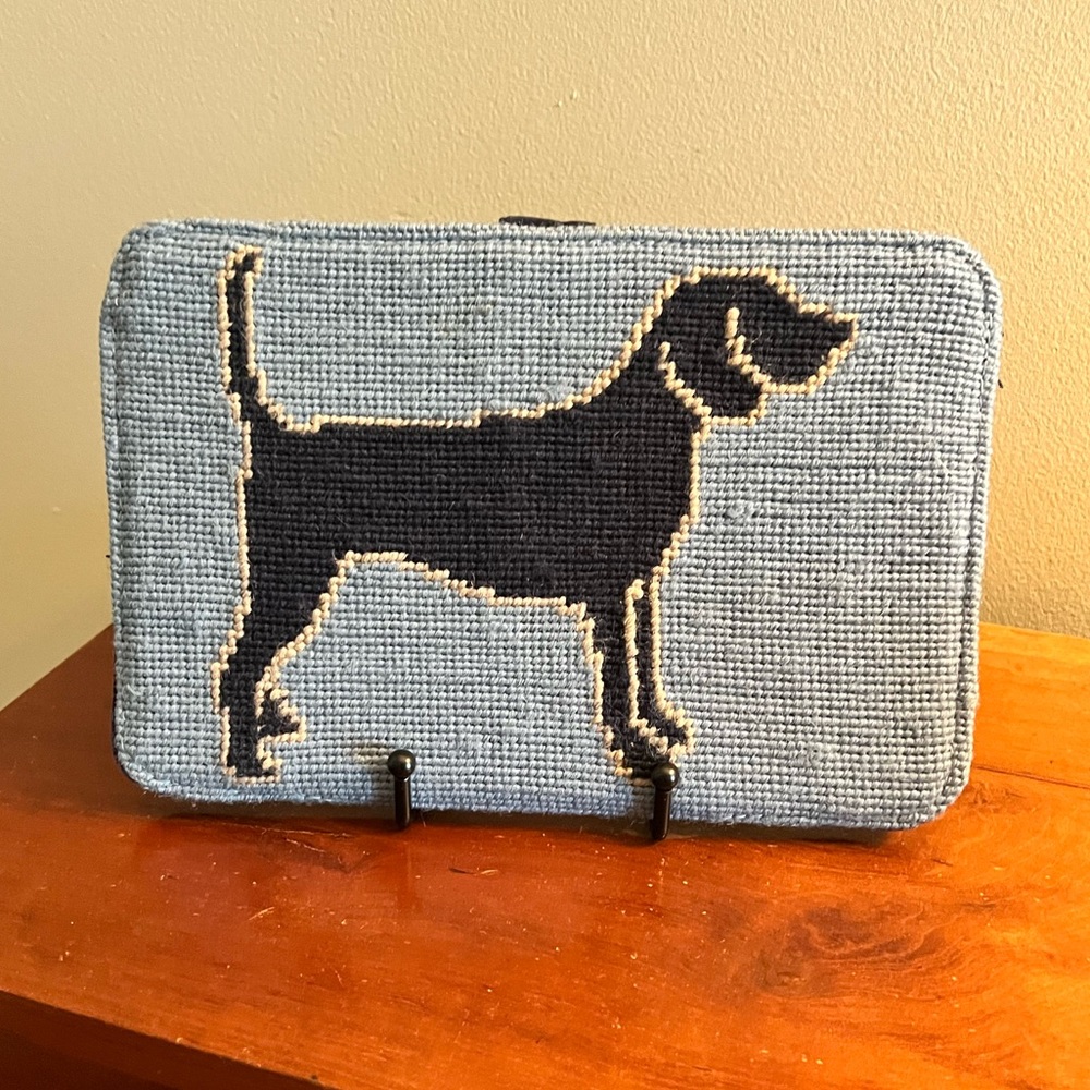 Lands End needle point ipad case blue with a  dog